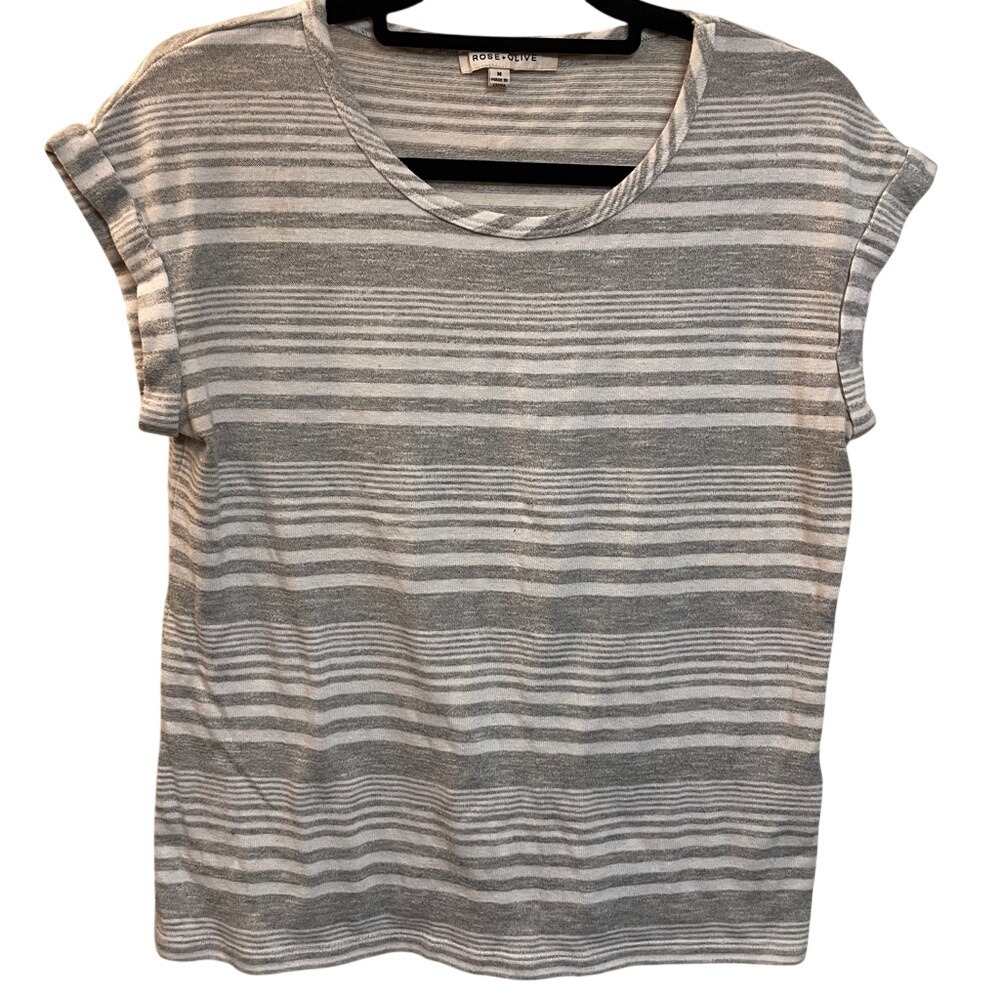 Rose + Olive Grey White Striped Cuffed Cap Sleeve Knit Top Medium